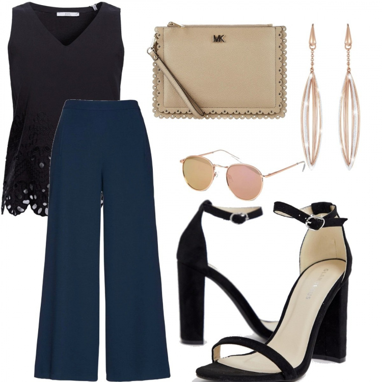 Outfit donna - Oro-nero. Stile Chic per Tutti i giorni. look ideale per Tall. Abbinamento con pantaloni capri, vestaglia nero, sandali con tacco largo e punta quadrata nudo e nero, borsa a mano in pelle martellata con zip beige e oro, orecchini glitter in ottone, occhiali da sole stanghette sottili in oro rosa protezione dai raggi.