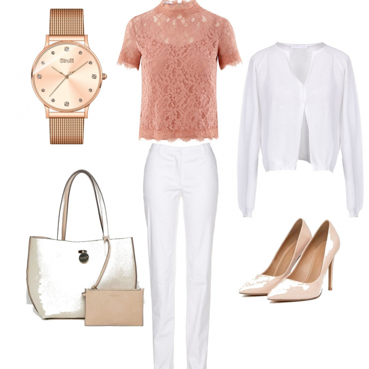 Outfit donna - Chic #4689. Stile Chic per Tutti i giorni. Abbinamento con pantalone elasticizzato, cardigan lavorato a maglia a maniche lunghe in cotone tinta unita, camicetta a maniche corte aderente rosa, décolleté con tacco alto, portafoglio maxi, bracciale rosa.