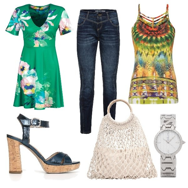 Outfit donna - Sempre verde. Stile Etnico Abbinamento con jeans boyfriend, top, borsa a mano maxi doppio manico tinta unita, orologi, vestito corto verde, sandali con cinturino nero.