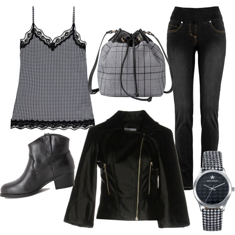 Outfit donna - Rock #1108. Stile Rock per Tutti i giorni. Abbinamento con jeans, vestiti, giubbotto collo tondo con zip interno foderato in pelle sintetica tinta unita, stivaletti in ecopelle nero, canottiera con pizzo e stampa con spalline sottili, orologio.