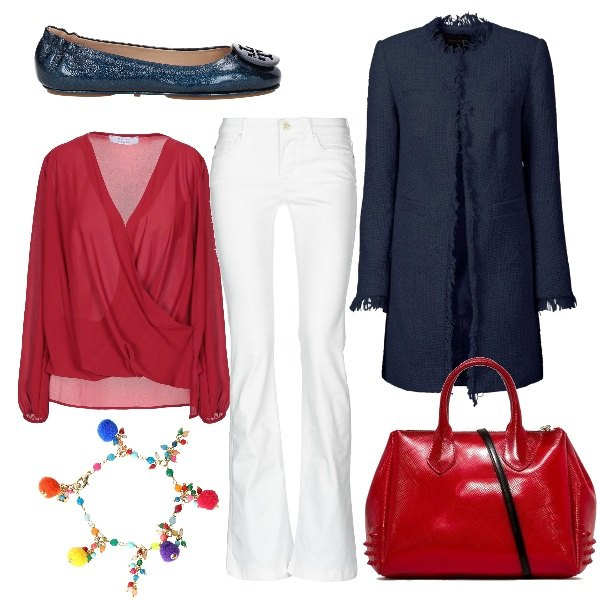 Outfit donna - Il cappottino bon ton. Stile Bon Ton per Ufficio. Abbinamento con blazer, blusa scollatura profonda a maniche lunghe crêpe, jeans wide leg con zip tinta unita, bracciale contrasto con gancetto, ballerine in pelle con logo frontale blu, borsa a tracolla effetto vernice taglia media con zip e tracolla regolabile.