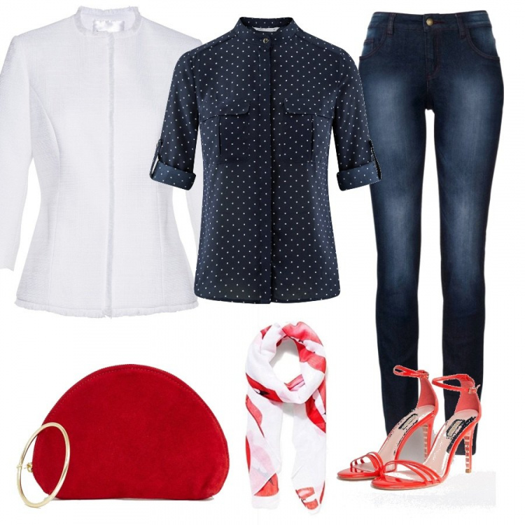 Outfit donna - In stile maschile ma con sensualità. Stile Trendy per Ufficio. Abbinamento con jeans skinny, blazer, camicetta chiffon aderente blu, sandali arancione, foulard, pochette petite lunga con zip e anello con tasca interna.