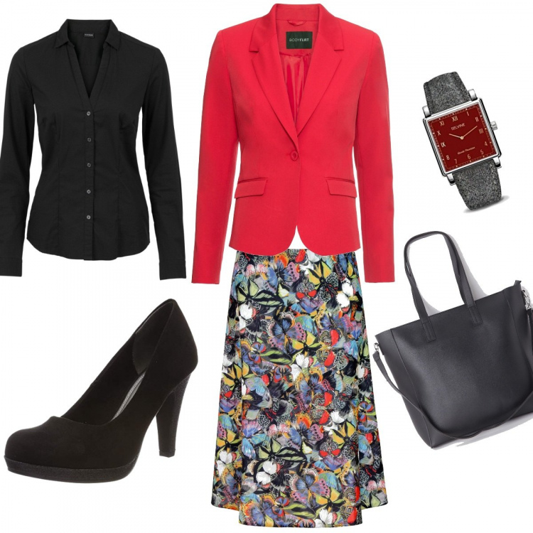Outfit donna - Black lowcost outfit. Stile Urban per Ufficio. Abbinamento con camicie, blazer, shopping bag con zip in ecopelle tinta unita nero, gonna con stampa vita alta aderente multicolore, scarpe col tacco con plateau nero, orologi analogici.
