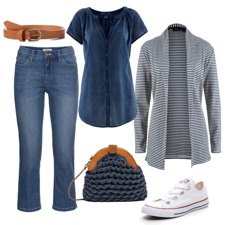Outfit donna - La borsa in tricot. Stile Basic per Tutti i giorni. Abbinamento con camicie a manica corta, giacca in maglina, jeans dritti, sneakers con punta tonda bianco, maglia a coste con tracolla regolabile navy, cintura marrone.