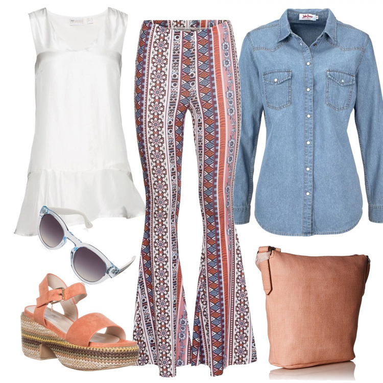 Outfit donna - *etnochic. Stile Etnico per Tutti i giorni. Abbinamento con camicie, top in seta, pantalone a zampa viola, sandali con plateau e zeppe con cinturino e punta tonda, occhiali da sole unisex-adulto bianco e grigio, borsa a spalla rosa.
