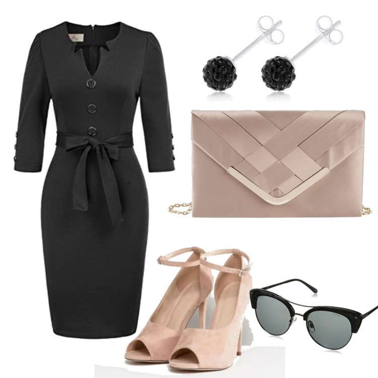 Outfit donna - Chic #4712. Stile Chic per Cerimonia. Abbinamento con gonne, vestito, scarpe con tacco con tacco alto e cinturino open toe in denim, orecchini argento, occhiali da sole nero.