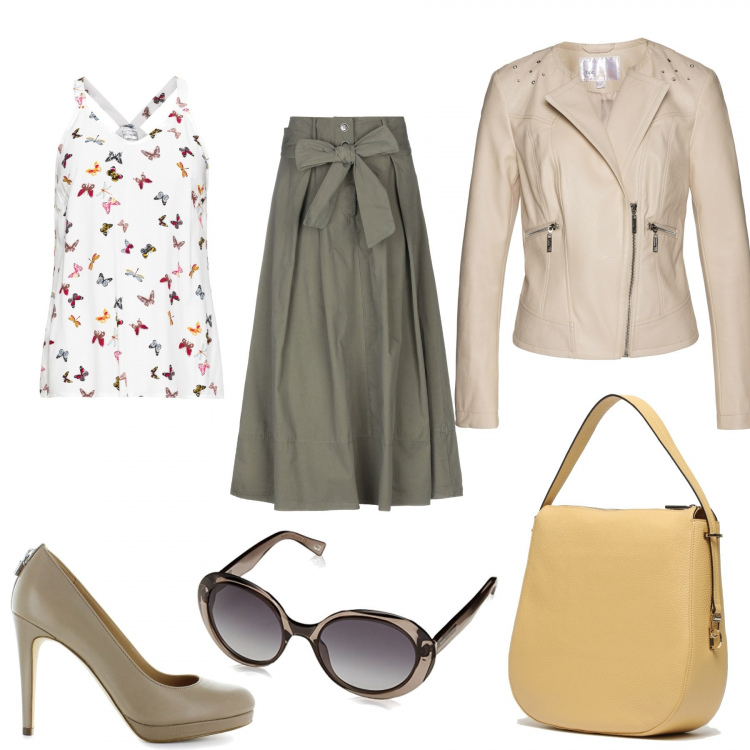 Outfit donna - Urban #3220. Stile Urban per Tutti i giorni. Abbinamento con top, giacca in pelle sintetica, gonna lunga, pochette contrasto con zip in pelle, décolleté beige, occhiali da sole unisex-adulto grigio e nero.