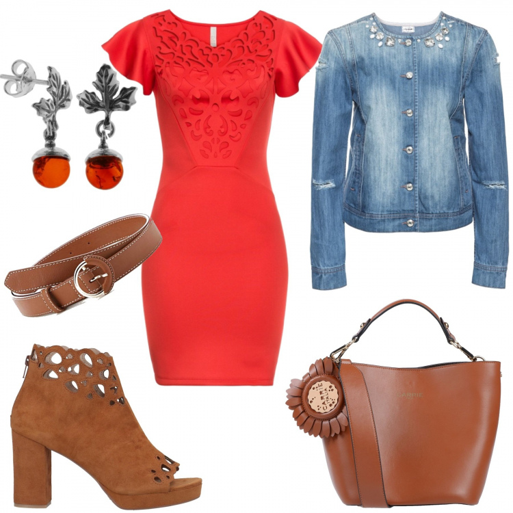 Outfit donna - Rosso. Stile Trendy per Tutti i giorni. Abbinamento con stivali e anfibi, borsa a tracolla con manico taglia media tinta unita, vestiti, giacche, orecchini pendenti in sterling 925 argento, cintura marrone.