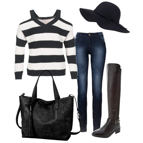 Outfit donna - Get the look: Penelope Cruz. Stile Trendy per Tutti i giorni. Abbinamento con jeans skinny, shopping bag, cappello, maglione blu, stivali nero.