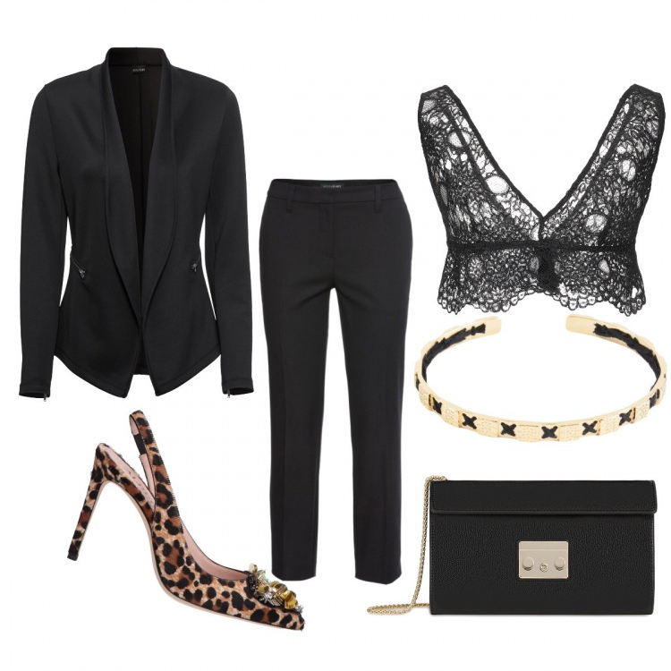 Outfit donna - Cena di lavoro. Stile Sexy per Ufficio. Abbinamento con pantaloni, blazer, top con pizzo scollatura profonda tinta unita, décolleté slingback con strass fantasia con paillettes e tacco spillo a punta, bracciale contrasto in ottone oro, pochette.