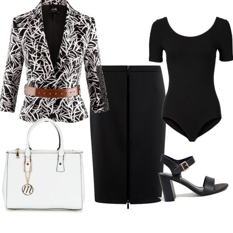 Outfit donna - In ufficio low cost. Stile Urban per Ufficio. Abbinamento con body, borsetta bianco, blazer con cintura nero, gonna a tubino con zip in in maglia nero, sandali con tacco largo nero.