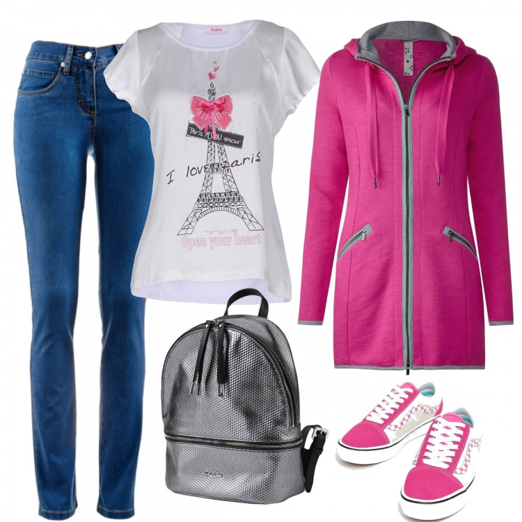 Outfit donna - Urban #3242. Stile Urban per Tutti i giorni. Abbinamento con jeans dritti, blusa senza tasche con stampa collo tondo a maniche corte in raso con strass jersey, borsa, cappotto nero e rosa, sneakers rosa.