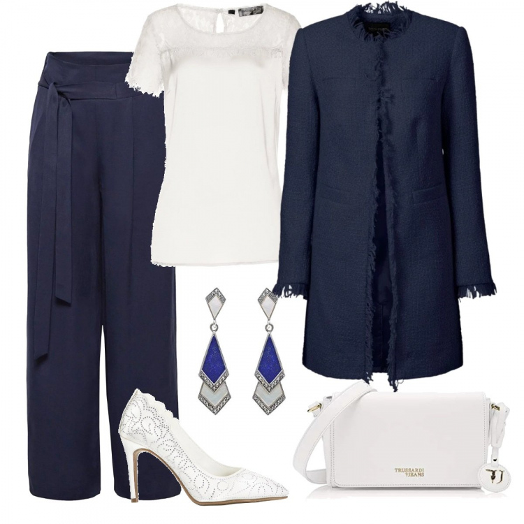 Outfit donna - Pantalone taglio casual elegante. Stile Bon Ton per Cerimonia. Abbinamento con blazer, tunica, décolleté, pantalone blu, borsa a tracolla bianco, orecchini argento.