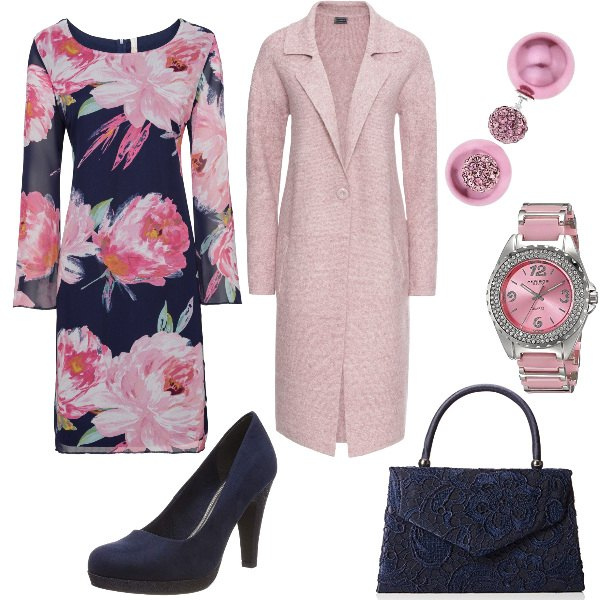 Outfit donna - Puntuale in chiesa. Stile Bon Ton per Cerimonia. Abbinamento con cappotti, vestito fantasia floreale, shopping bag taglia unica navy e blu, scarpe col tacco con plateau navy, orecchini in argento 925 viola, orologio.