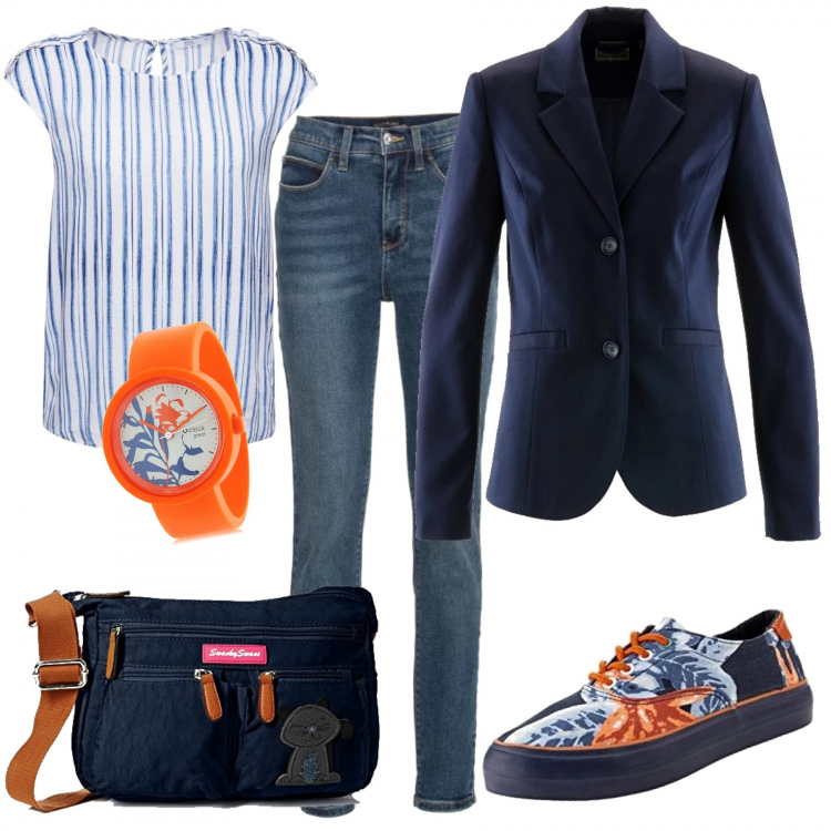 Outfit donna - Un tocco arancio sul classico blu. Stile Basic per Tutti i giorni. Abbinamento con jeans skinny, blazer, camicia bianco, sneakers effetto strappato in denim blu, orologio analogico con cinturino componibile arancione, borsa a tracolla taglia unica navy e blu.
