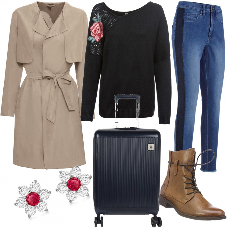 Outfit donna - #curvyinviaggio. Stile Urban per Tutti i giorni. Abbinamento con costumi interi, jeans, giacca effetto scamosciato in pelle sintetica, borsa da viaggio con zip interno foderato tinta unita, stivali marrone, orecchini con zirconia in oro bianco 9ct viola.