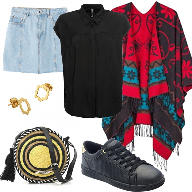 Outfit donna - Trendy #8613. Stile Trendy per Tutti i giorni. Abbinamento con camicie a manica corta, sneakers, gonna mini con zip in denim con orlo blu, poncio, borsa a tracolla, orecchini oro.