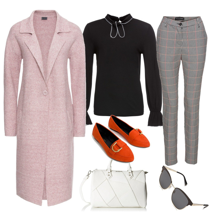 Outfit donna - Primi caldi. Stile Bon Ton per Ufficio. Abbinamento con cappotti, vestiti lunghi, maglia con fiocco e spacco con scollo a maniche lunghe nero, mocassini, borsa a mano bianco, occhiali da sole nero e grigio.
