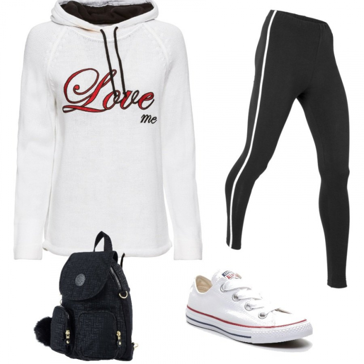 Outfit donna - Sportiva per tutti i giorni. Stile Basic per Tutti i giorni. Abbinamento con leggings, pullover con stampa e cappuccio, borsa, sneakers con punta tonda bianco.