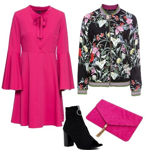 Outfit donna - Trendy #8677. Stile Trendy per Serata fuori. Abbinamento con vestito con fiocco e scollo fucsia, giubbotto fantasia, stivaletti con zip nero, pochette con zip in denim con nappine.