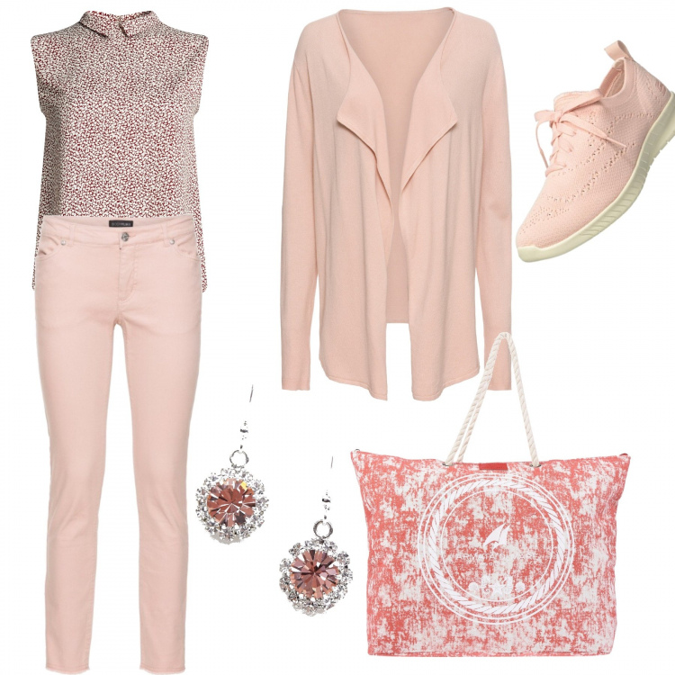 Outfit donna - Shopping pink lady. Stile Basic per Tutti i giorni. Abbinamento con cardigans, pantaloni capri, shopping bag maxi, camicetta aderente marrone, sneakers rosa, orecchini.