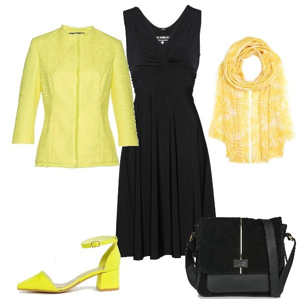 Outfit donna - Il sole sugli accessori. Stile Trendy per Tutti i giorni. Abbinamento con vestiti, blazer, borsa nero, scarpe a punta pianta larga, sciarpa lunga.
