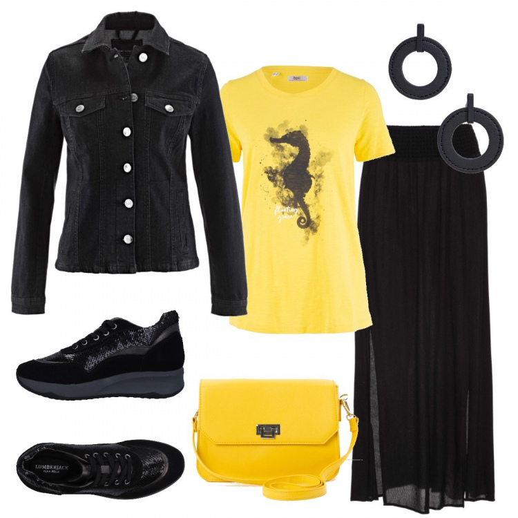 Outfit donna - Cavalluccio marino. Stile Trendy per Tutti i giorni. Abbinamento con gonne lunghe, t-shirt, blazer, sneakers tennis, borsa a tracolla in ecopelle giallo, orecchini collo aperto in pelle sintetica nero.
