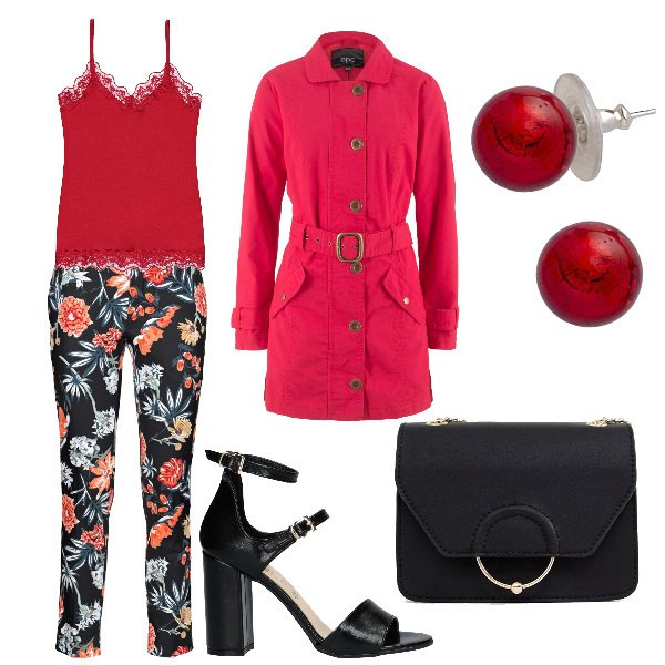 Outfit donna - La canotta in pizzo. Stile Sexy per Serata fuori. Abbinamento con pantaloni, trench, sandali con tacco squadrato e fibbia con punta tonda in pelle sintetica tinta unita, canottiera con pizzo e spalline sottili rosso, orecchini in argento 925, borsa a mano petite.