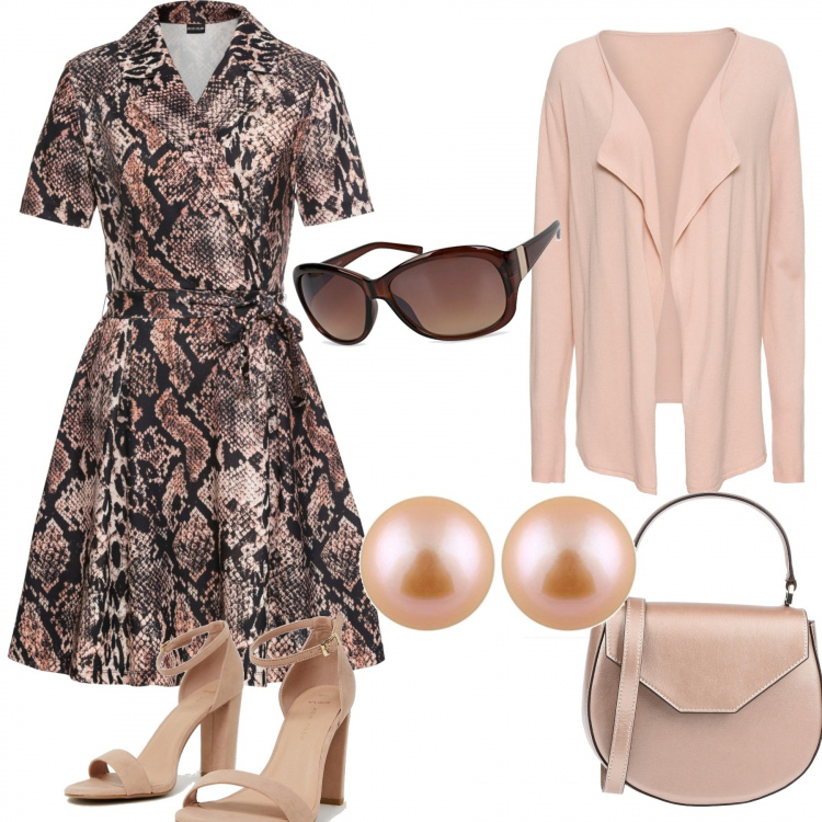 Outfit donna - Stampa serpente. Stile Trendy per Tutti i giorni. Abbinamento con cardigans, vestito animalier, borsa a mano mini con manico effetto laminato interno foderato tinta unita, sandali con tacco largo, orecchini in argento 925 rosa, occhiali da sole farfalla marrone.