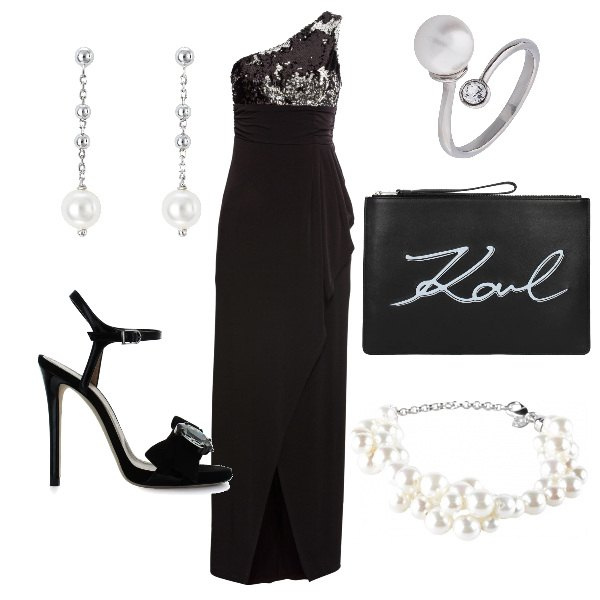 Outfit donna - Come Penelope. Stile Chic per Serata fuori. Abbinamento con vestiti, anello con perle argento, braccialetti, pochette con logo frontale nero, sandali con fiocco maxi effetto vernice nero, orecchini con perle in argento 925 argento.