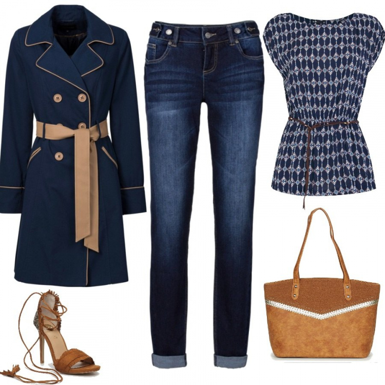 Outfit donna - Trench con fusciacca. Stile Basic per Ufficio. Abbinamento con jeans boyfriend, trench, borsa marrone, camicetta con stampa aderente blu, sandali con frange e punta tonda con nappine marrone.