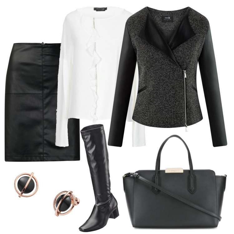 Outfit donna - Gonna a tubo. Stile Urban per Ufficio. Abbinamento con stivali, blusa senza tasche con ruches collo tondo a maniche lunghe jersey, orecchini con farfallina, giacca con zip in in maglia nero, gonna nero, borsa a mano con zip e tracolla regolabile oro.
