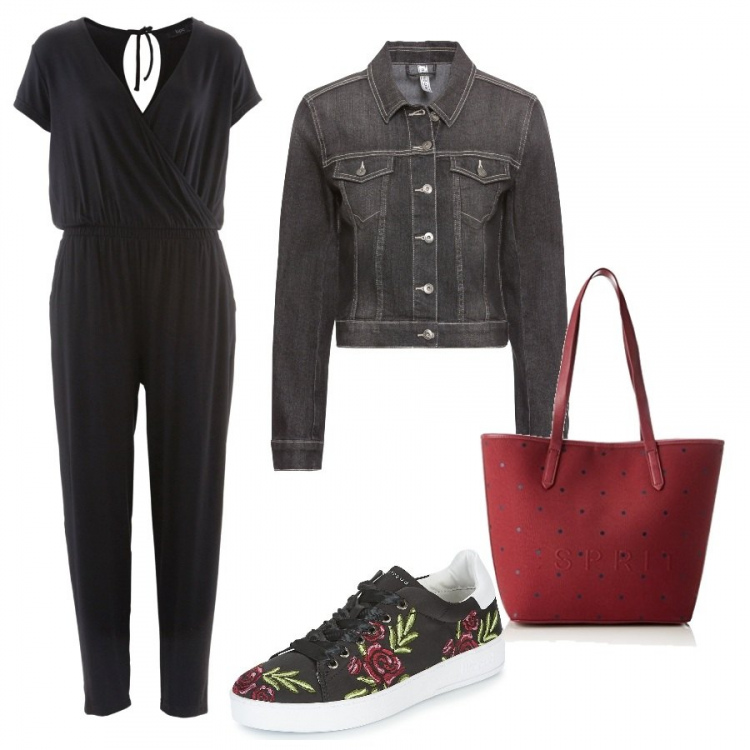 Outfit donna - Basic #5223. Stile Basic per Tutti i giorni. Abbinamento con tute, giacca con paillettes in denim nero, scarpe nero, borsa tote rosso.
