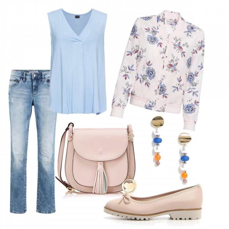 Outfit donna - Fiori di Primavera.. Stile Basic per Tutti i giorni. Abbinamento con top, giubbotto, jeans, ballerine, borsa a tracolla rosa, orecchini pendenti con perle farfalla con perline in denim oro.