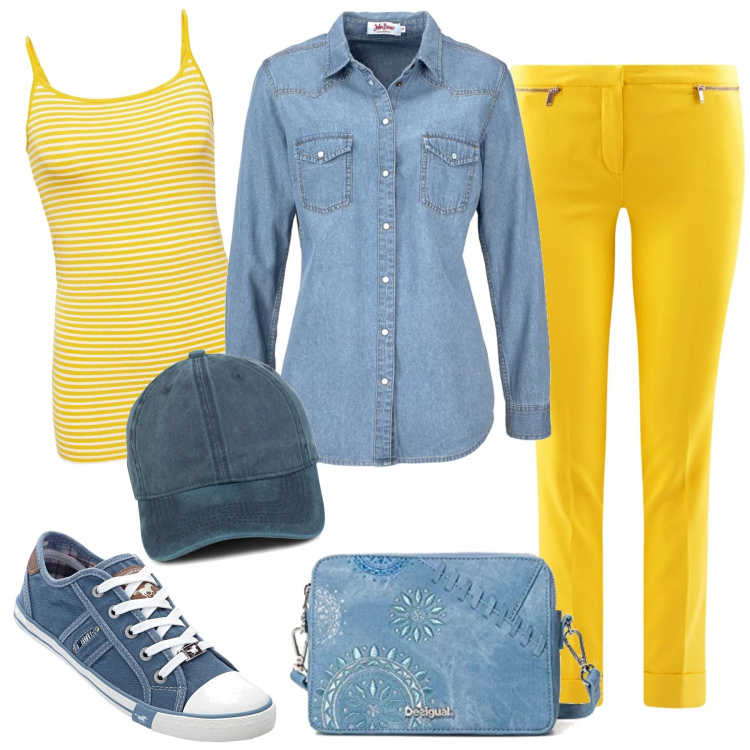 Outfit donna - Denim e giallo solare per il weekend. Stile Basic per Tutti i giorni. Abbinamento con camicie, sneakers, pantalone con zip aderente giallo, borsa a tracolla blu, berretto baseball con fasce in denim blu, canottiera.