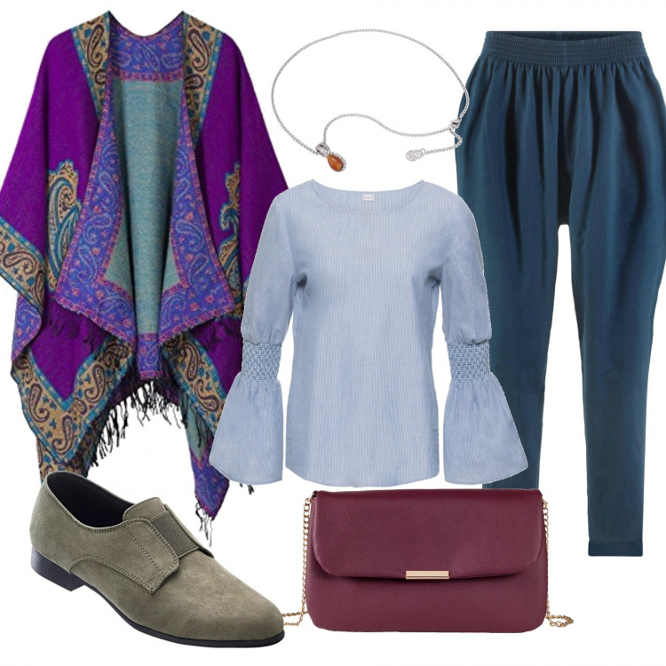 Outfit donna - Etnic chic. Stile Etnico per Tutti i giorni. Abbinamento con parka, pantalone, mocassini verde, borsa a tracolla rosso, poncio, ciondoli.