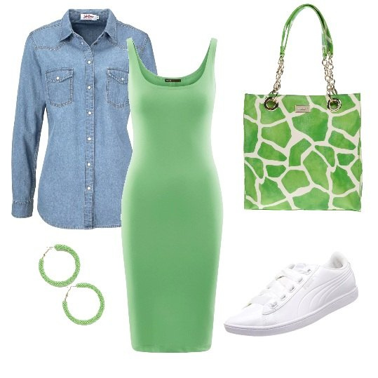 Outfit donna - Basic #5968. Stile Basic per Scuola/Università. Abbinamento con camicie, borsa a mano fantasia con zip interno foderato in pelle sintetica blu, vestito, sneakers effetto vernice bianco, orecchini petite con perline a scatto verde e oro.