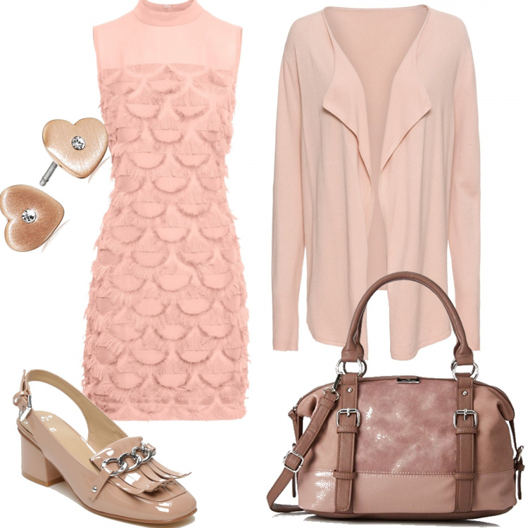 Outfit donna - #curvypink. Stile Bon Ton per Ufficio. Abbinamento con cardigans, vestito rosa, sandali effetto vernice con tacco e fibbia con punta tonda, borsa a mano rosso e rosa, orecchini a perno.