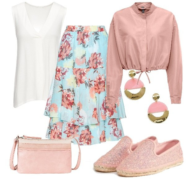 Outfit donna - La primavera sulla gonna. Stile Basic per Tutti i giorni. Abbinamento con top, gonna fantasia, giubbotto oversize, borsa a tracolla, espadrillas senza lacci pianta larga suola piatta, orecchini oro.