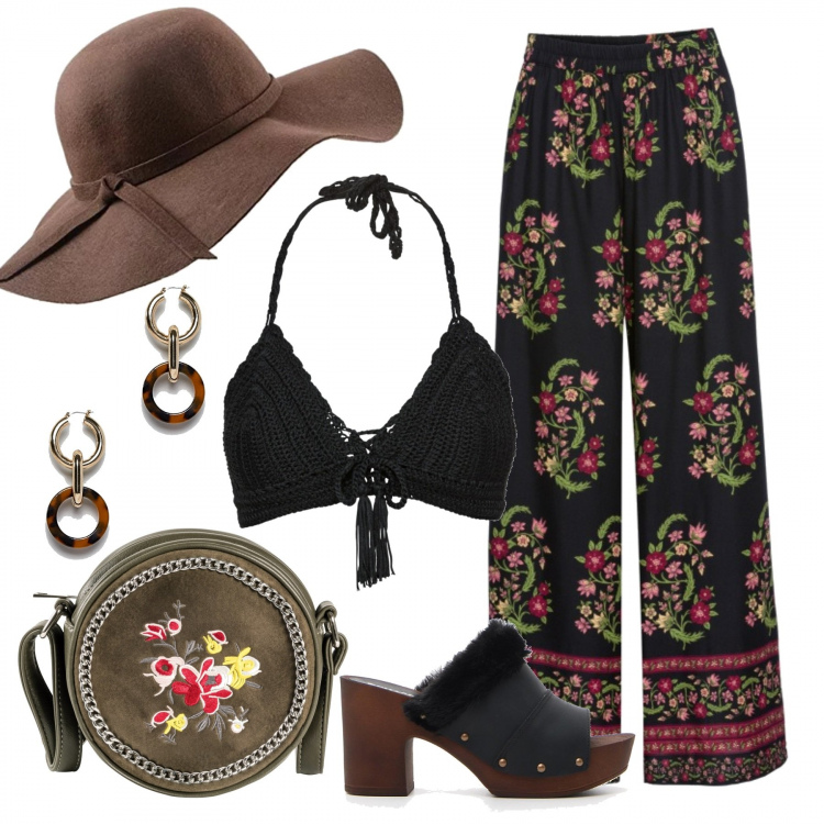 Outfit donna - Coachella time!. Stile Etnico per Tutti i giorni. Abbinamento con pantalone con tasche nero, top, borsa a tracolla con ricamo verde, sandali, cappelli, orecchini pendenti con cerchi oro.