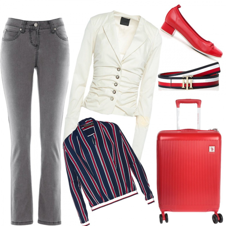 Outfit donna - Pronte, valigia e ...via!. Stile Basic per Tutti i giorni. Abbinamento con jeans slim fit, blusa a coste con polsini blu, giacca con arricciature collo con revers a maniche lunghe interno sfoderato senza tasche jersey, borsa da viaggio con zip interno foderato tinta unita, ballerine, cintura a righe rosso.