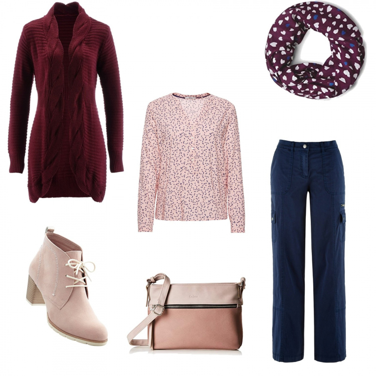 Outfit donna - Pinkie. Stile Basic per Tutti i giorni. Abbinamento con pantaloni cargo, tronchetti, cardigans, camicia rosa, borsa a tracolla rosa, cappello taglia unica multicolore.