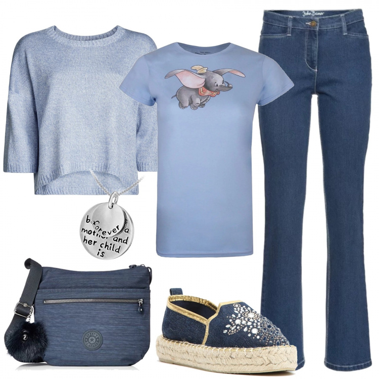 Outfit donna - Pomeriggio al cinema con i tuoi cuccioli. Stile Basic per Tutti i giorni. Abbinamento con gonne lunghe, crop top blu, espadrillas con strass e perline in denim, maglione con scollo aderente blu, collana con ciondolo argento e bianco, borsa a tracolla blu e navy.