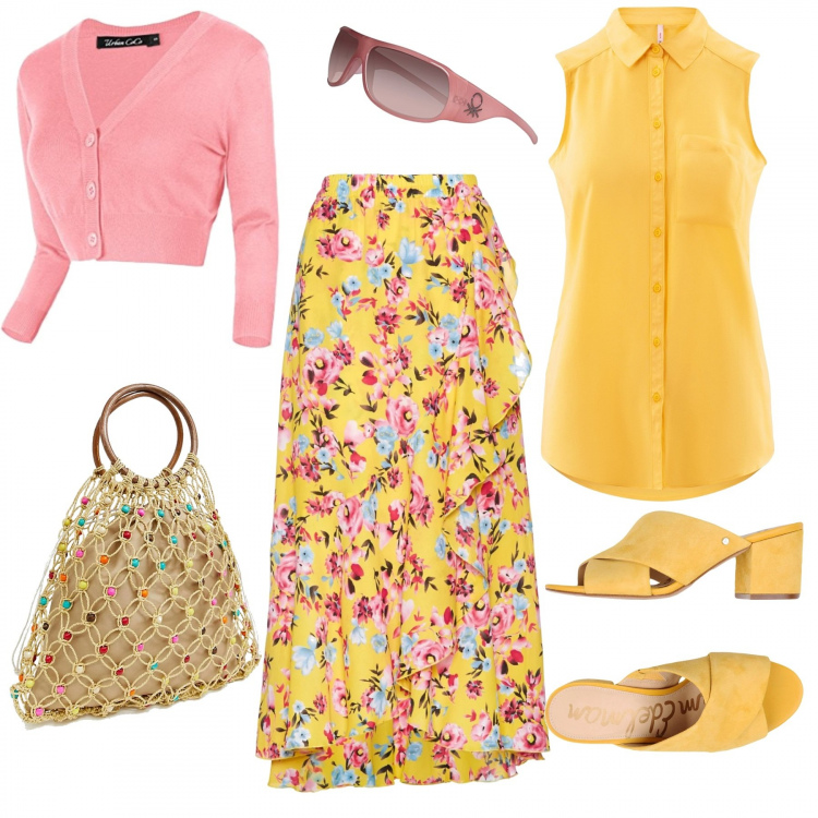 Outfit donna - *gonna di fiori. Stile Basic per Tutti i giorni. Abbinamento con sandali pelle con tacco squadrato interno foderato con punta tonda tinta unita, gonna fantasia chiffon, bikini con perline e coulisse, top, bolero, occhiali da sole unisex-adulto rosa.