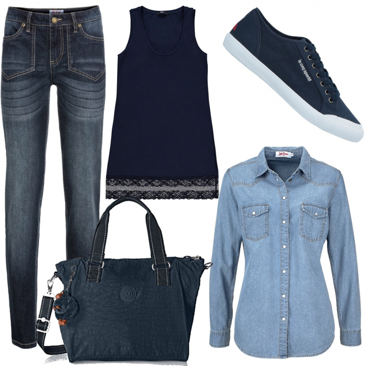Outfit donna - Basic #5367. Stile Basic per Tutti i giorni. Abbinamento con camicie, jeans elasticizzato, sneakers, canottiera con pizzo blu, borsa a secchiello verde.