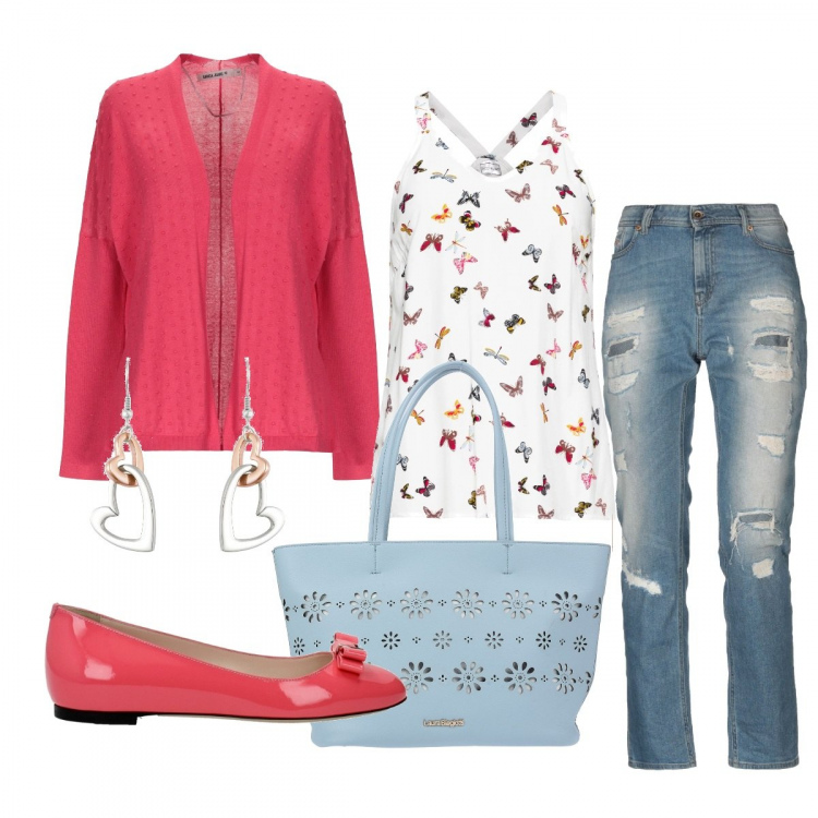 Outfit donna - Romantica. Stile Bon Ton per Tutti i giorni. Abbinamento con top, maglioncino, jeans a tubo delavé con zip tinta unita, borsa a mano maxi traforato con zip interno foderato in pelle sintetica tinta unita, ballerine, orecchini pendenti.