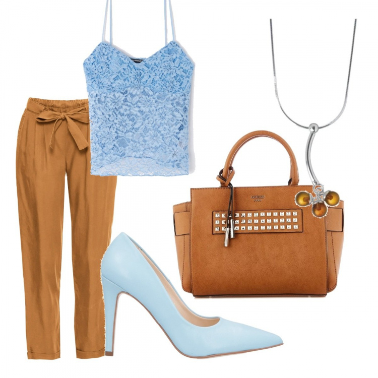 Outfit donna - Chic #5085. Stile Chic per Serata fuori. Abbinamento con décolleté con tacco spillo a punta tinta unita, shopping bag, canottiera con pizzo, charm con borchie e zip con tracolla regolabile marrone, collane.