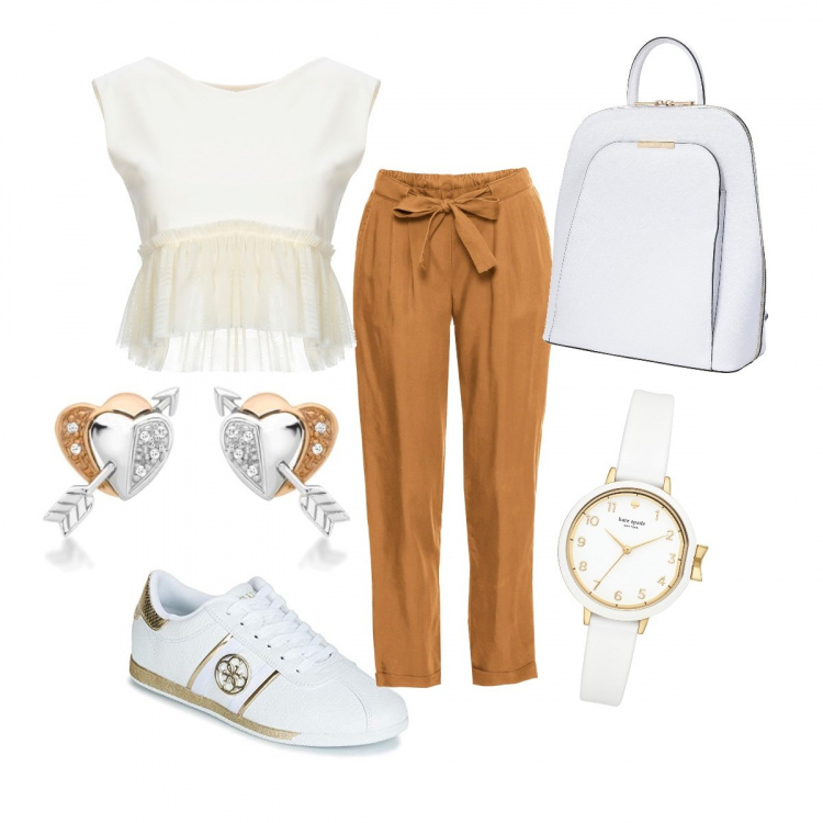 Outfit donna - In metro. Stile Trendy per Tutti i giorni. Abbinamento con top collo tondo in tulle jersey, zaini, orologio con fibbia, shopping bag, sneakers in ecopelle bianco, orecchini a perno oro.
