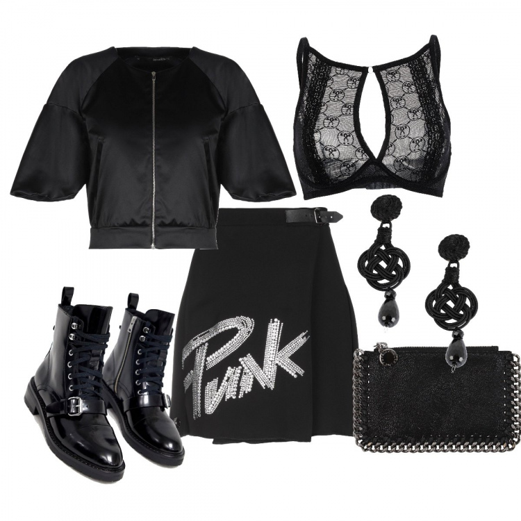 Outfit donna - Soft punk rock. Stile Rock per Tutti i giorni. Abbinamento con bralette, gonna, orecchini con farfallina in seta argento, giacca collo tondo a maniche corte con zip interno sfoderato in raso tinta unita, portadocumenti eco nero, scarponcini con stringhe e tacco basso con zip in denim con gancetti.
