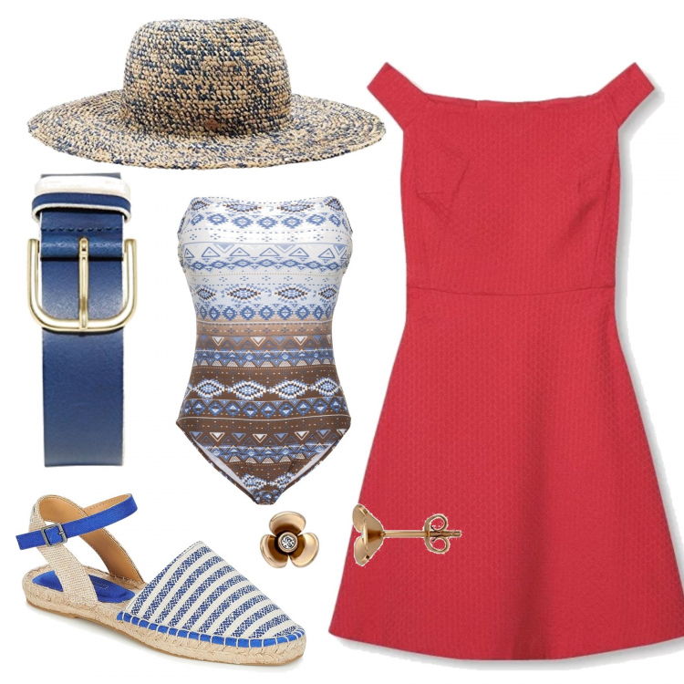 Outfit donna - Summer day\'s. Stile Trendy per Mare. Abbinamento con costume intero fantasia con spalline aderente bianco, scarpe, vestito rosso, cintura navy, cuffia blu, orecchini a perno fantasia floreale.
